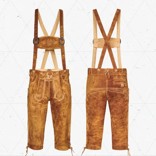 Vista 5 de BAVARIA TRACHTEN Lederhosen - Traje de cuero genuino para hombre traje de Oktoberfest alemán auténtico para hombre color marrón claro largo Marrón