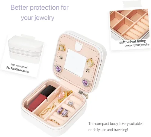 Vista 3 de KElofoN Joyero de viaje, joyero de viaje, organizador de joyas de viaje, caja organizadora de joyas pequeña para niñas y mujeres con espejo
