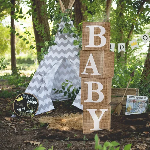 Vista 6 de RUBFAC Cajas de bebé con letras para baby shower, 4 piezas estilo rústico de granja bohemia con asa de arpillera y grano para decoración