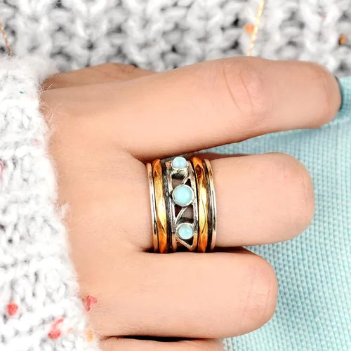 Vista 2 de Boho-Magic Anillo giratorio Larimar de plata de ley 925 para mujer con bandas giratorias de latón, Metal no precioso Piedra preciosa, larimar