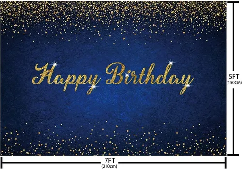 Vista 4 de MEHOFOND Telón de fondo azul y dorado de feliz cumpleaños con puntos dorados con purpurina azul real para mujeres, hombres y niños, decoración