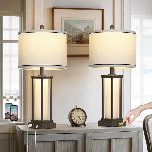 Vista 9 de 27in Tall Farmhouse Table Lamp with USB C+A & Outlet,Black Industrial End Table Lamp for Living Room,Vintage Rustic Bedside Lamp with Night Light