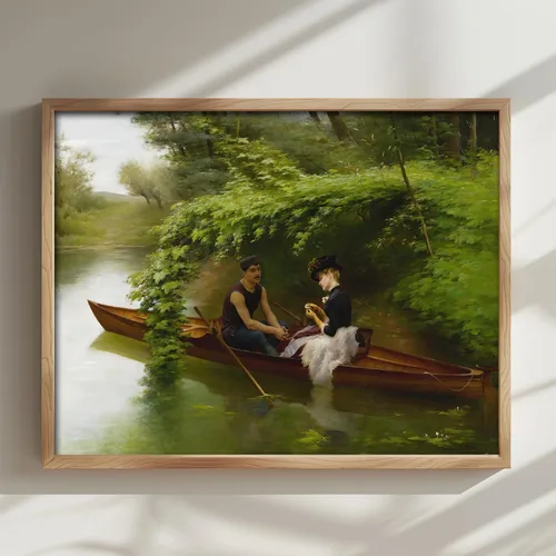 Vista 3 de CLOUD NINE PRINTS The Boating Party, impresión de paisaje de río francés - Arte de pared náutico de canoa, decoración sofisticada de la casa