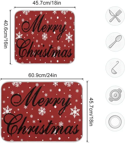 Vista 3 de Tapete de secado de platos rojo de Feliz Navidad para cocina, tapete de secado de microfibra blanca con copos de nieve, absorbente y reversible