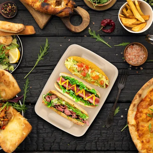 Vista 3 de 25 soportes desechables para tacos para fiestas, platos de taco de fibra de pulpa de bagazo con 3 divisores para reunión, soporte para bandeja