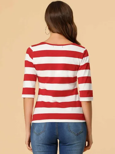 Vista 3 de Allegra K Camiseta a rayas para mujer, con mangas de codo de Halloween, básica, ajustada, cuello redondo