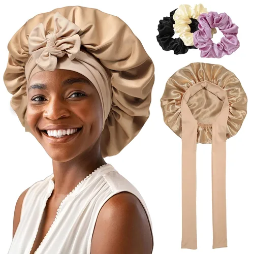 Vista 7 de Gorro de satén para mujer, con banda de amarre para el cabello, para dormir, grande de 2 capas, gorro de dormir de seda para dormir con 3 coleteros