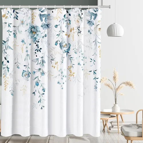 Vista 2 de Tititex Cortina de ducha estética floral azul, hojas doradas de acuarela en la parte superior, decoración de baño, juego de cortinas de ducha de 72