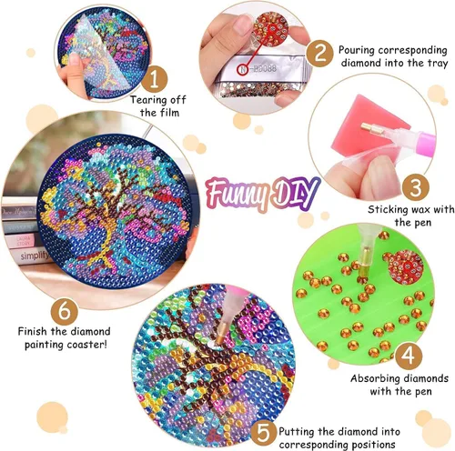 Vista 4 de Juego de 8 posavasos de pintura de diamantes, posavasos de pintura de diamante 5D, posavasos de arte de diamante con soporte, posavasos