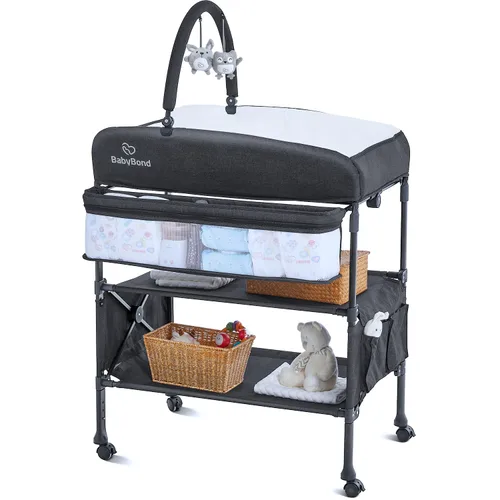 Vista 6 de BabyBond Cambiador portátil para bebé con 2 cestas de almacenamiento, cambiador plegable cómoda cambiador de pañales, estación de cambio ajustable
