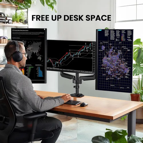 Vista 3 de ErGear Soporte de monitor triple para pantallas de 13 a 27 pulgadas, monitores triples de aluminio de alta calidad que soportan hasta 17.6 libras