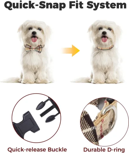 Vista 5 de Juego de arnés para perro con correa y collar de corbatín - Arnés para cachorro a cuadros beige, a prueba de escape, chaleco ajustable sin tirones