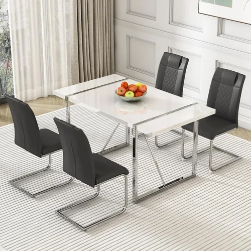 Vista 12 de Juego de mesa de comedor para 4, juego de mesa de cocina rectangular de MDF blanco con sillas de comedor de cuero, juego de 4, juego de mesa