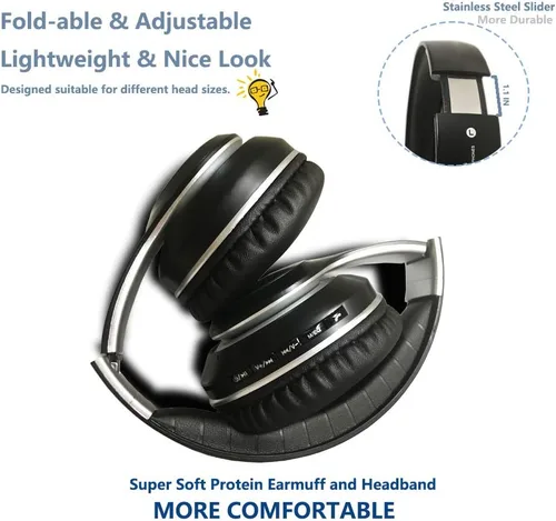 Vista 4 de Auriculares Bluetooth, inalámbricos/con cable, estéreo de bajos de alta fidelidad, micrófono integrado, luz LED, plegable, micro SD/TF, FM