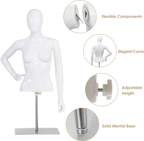 Vista 3 de Giantex Maniquí femenino Torso Altura ajustable Brazos desmontables Forma de vestido Exhibición con soporte de metal, blanco brillante