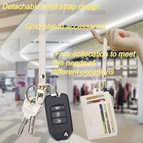 Vista 6 de Cartera delgada para mujer con bloqueo RFID para tarjetas de crédito, porta tarjetas tipo pulsera con cremallera para identificación, cartera