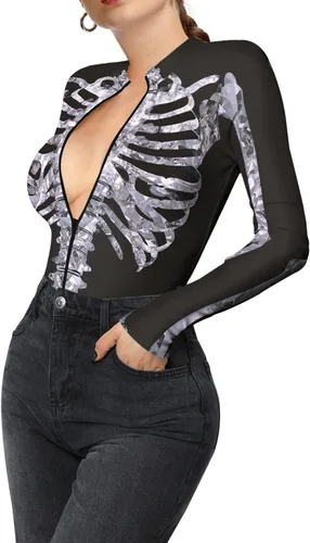 Vista 4 de Enterizo de esqueleto para mujer, con cremallera, traje sexy de una pieza para Halloween