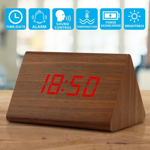 Vista 7 de Moderno reloj despertador con indicador de temperatura y calendario con diseño triangular de madera con luces led. Gearonic TM. Marrón