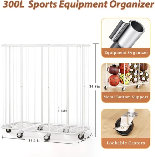 Vista 3 de YKDIRECT Organizador de bolas rodantes de 250L con ruedas de bloqueo, cesta de almacenamiento grande para baloncesto, fútbol, fútbol, voleibol