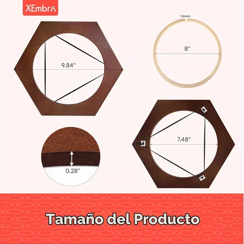 Vista 2 de XEmbro Marco de aro de bordado de madera de 8 pulgadas, marco de exhibición de bordado de madera hexagonal con aro de bordado de 8 pulgadas