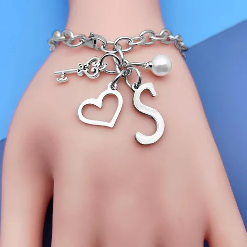 Vista 6 de Pulseras con inicial de la A a la Z, regalo para mujeres y niñas, pulsera de cadena de acero inoxidable con 26 letras del alfabeto, regalos