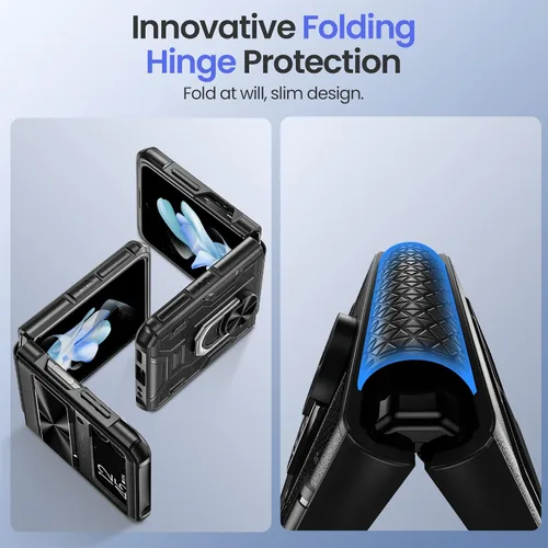 Vista 4 de VEGO para Galaxy Z Flip 4 Funda con Cubierta de Lente Deslizante, Protección de Bisagras y Soporte Magnético Giratório de 360º Incorporado, Funda