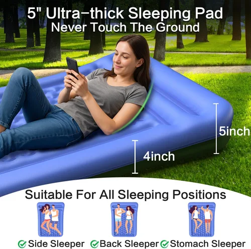 Vista 3 de Colchoneta de dormir doble para campamento, extra gruesa de 5 pulgadas, autoinflable para 2 personas, con bomba de pie integrada, alfombrilla