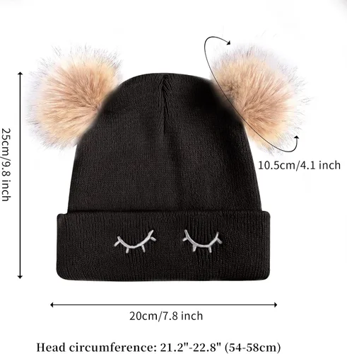 Vista 3 de Muryobao Gorro de invierno para mujer, suave y cálido, con cierre de calavera, con doble pompón, orejas