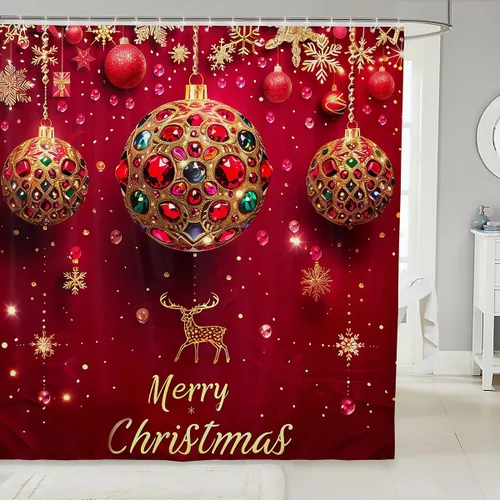 Vista 21 de Homewish Cortina de ducha de árbol de Navidad, juego de cortina de ducha de baño con diseño de copo de nieve dorado para niños y adultos, cortina