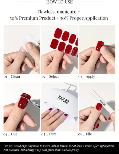 Vista 6 de NAILOG - Tiras de uñas de gel semicuradas 34 piezas Compra 2 y obtén 1 lámpara ultravioleta Calcomanías de esmalte de uñas duraderas con acabado