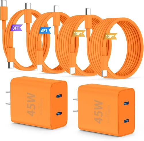 Vista 15 de QZIIW Cargador Samsung súper rápido tipo C, bloque de cargador rápido USB C de 45 W de doble puerto [paquete de 2] y cable USB C extralargo de 60 W