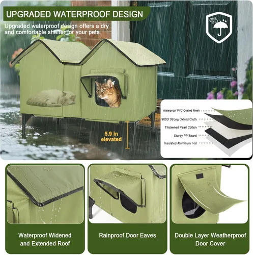 Vista 3 de Casa climatizada para gatos para exteriores, casa extragrande para gatos al aire libre, resistente a la intemperie con almohadilla térmica, puerta