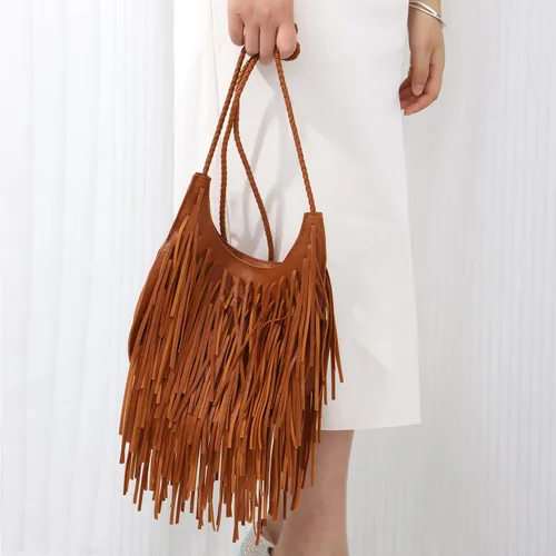 Vista 5 de Bolso bohemio con flecos, estilo occidental, bolso cruzado de piel de gamuza
