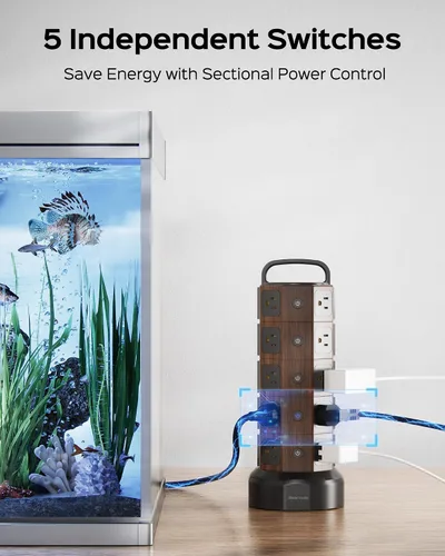 Vista 4 de Protector contra sobretensiones de torre de regleta de alimentación, 20 CA 6 USB (2 USB C), 1050J, 6.5 pies Extension Cord with Multiple Outlets