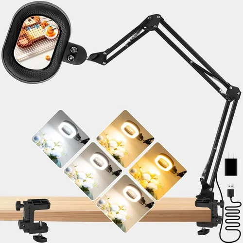 Vista 9 de 12 lupas con luz, lámpara de escritorio LED ultra larga de 3 secciones con brazo oscilante con abrazadera grande, 5 colores y brillo, lupa manos