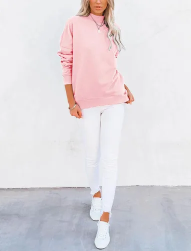 Vista 4 de Minclouse Sudadera casual de manga larga para mujer, básica, holgada, cuello alto, ligera, con bolsillo