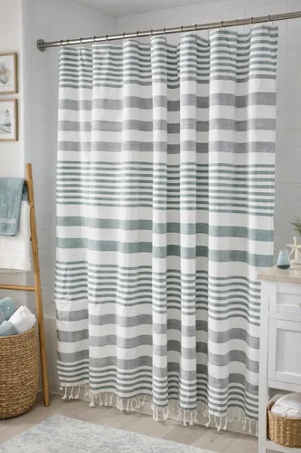 Vista 14 de Serafina Home Cortina de ducha de tela blanca y negra a rayas náuticas: hotel de lujo 100% algodón con tejido decorativo detallado para baño 70 "x