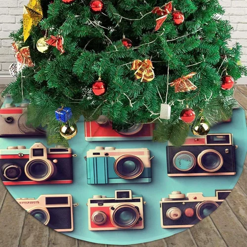 Vista 6 de Retro Cool Camera Collection Print Plush Christmas Tree Skirt - Soft Tree Base Cover for Holiday Use Parties Christmas Decor