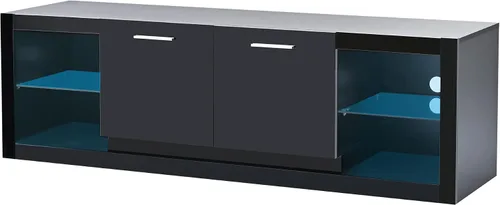 Vista 5 de Soporte de TV versátil de alto brillo con luces LED que cambian de color y 2 estantes de vidrio templado, centro de entretenimiento para televisores