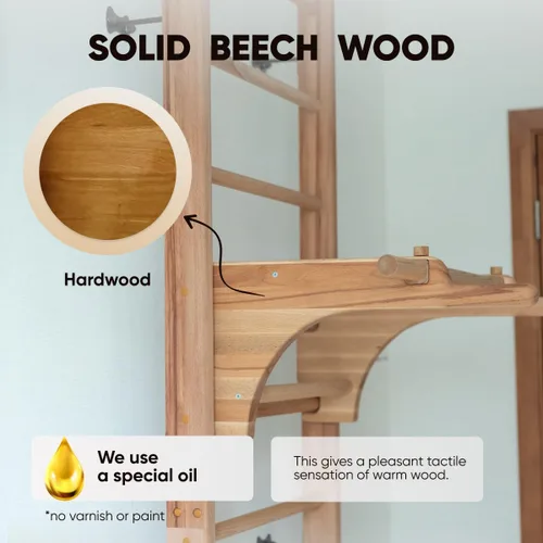Vista 3 de Barras de Pared Suecas en Escalera para Niños y Adultos, hechas de Madera de Haya Sólida, Resisten Cargas hasta 400 kg, con Barra de Dominada