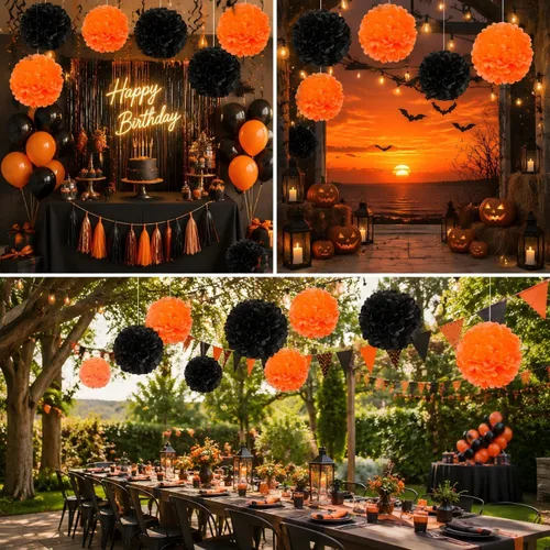 Vista 2 de Pompones de papel negro y naranja, pompones de tejido negro y naranja decoraciones colgantes, decoraciones de fiesta negro y naranja (12 unidades)