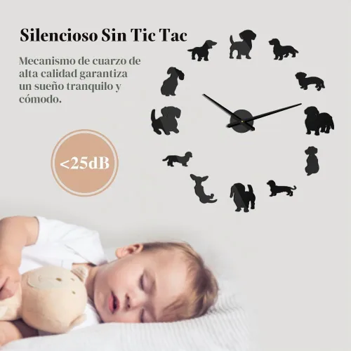 Vista 3 de Gran 3D DIY Dachshund Reloj de pared sin marco con efecto espejo (negro)