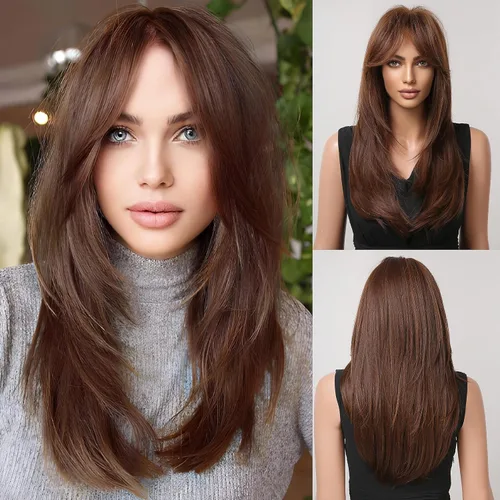 Vista 14 de HAIRCUBE Pelucas largas de color marrón oscuro con reflejos para mujer, peluca de pelo sintético rizado ondulado para uso diario