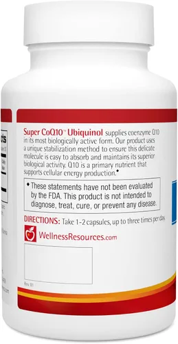 Vista 3 de Wellness Resources Super CoQ10 Ubiquinol - CoQH-CF patentado estable y sin cristales, sin soja (100 mg, 60 cápsulas)