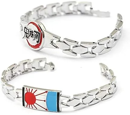 Vista 2 de Pulsera de anime Demon Slayer Kimetsu No Yaiba, brazaletes de metal, hoja de demonio, regalo para hombres y mujeres, pulseras de moda