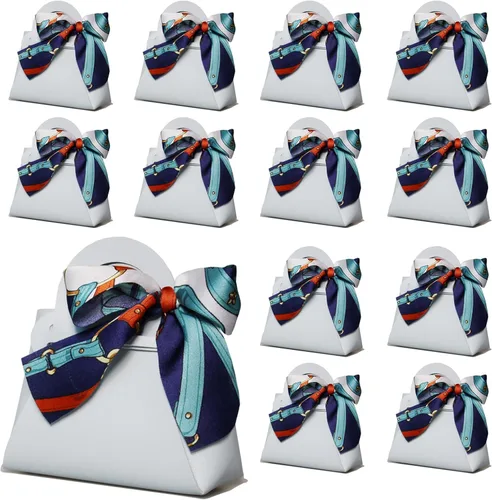 Vista 12 de LPEIEB Paquete de 12 Bolsas de Regalo Tipo Candy Bag de Cuero con Cinta, Bolsas de Regalo de Boda de PU con Asa de Cinta, Cajas de Favor de Fiesta