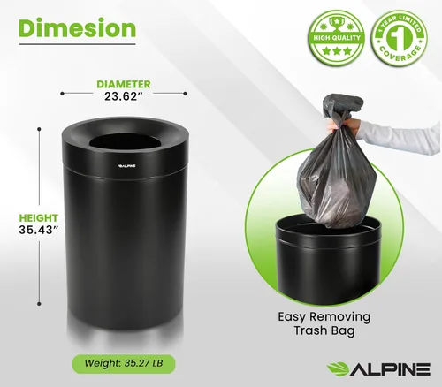 Vista 4 de Alpine Industries - Bote de basura comercial de acero inoxidable – Bote de basura resistente de 50 galones, moderno, redondo, gran receptáculo