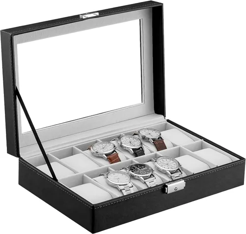 Vista 2 de Oyydecor Caja de reloj de piel sintética, organizador de almacenamiento de madera para almacenamiento y exhibición, regalos de hombres y mujeres