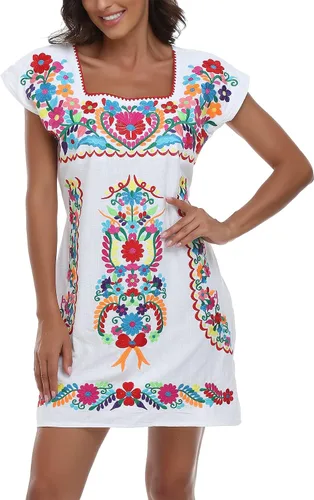 Vista 6 de YZXDORWJ Vestido bordado mexicano sin mangas con cuello de volantes para mujer