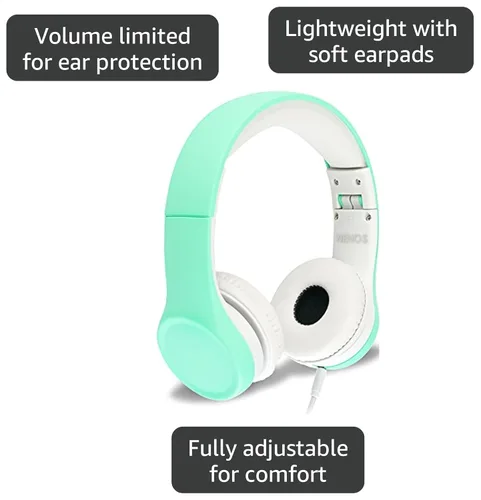 Vista 3 de Nenos - Audífonos de diadema para niños (93 dB, plegables), para computadora, con volumen limitado, para niños, plegable (menta).